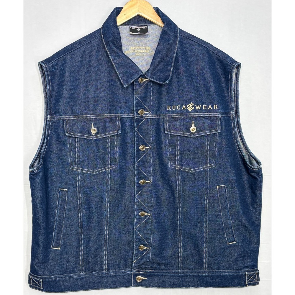 Rocawear Vest Mens Blue Denim Patch Pocket Button Front 3XL Y2K NWOT Street Wear